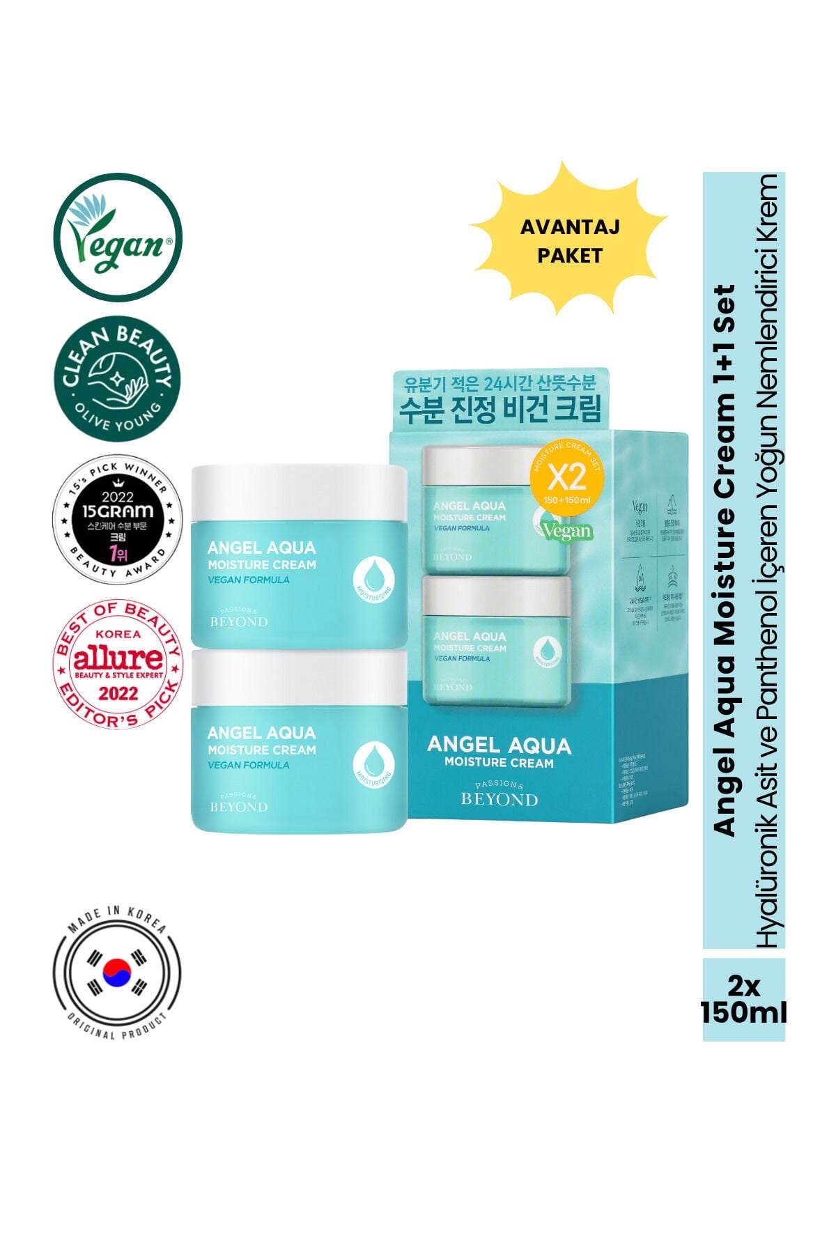 Angel Aqua Moisture Cream Nemlendirici Yatıştırıcı Krem Seti Hyaluronik Asit Panthenol 2x150 ml