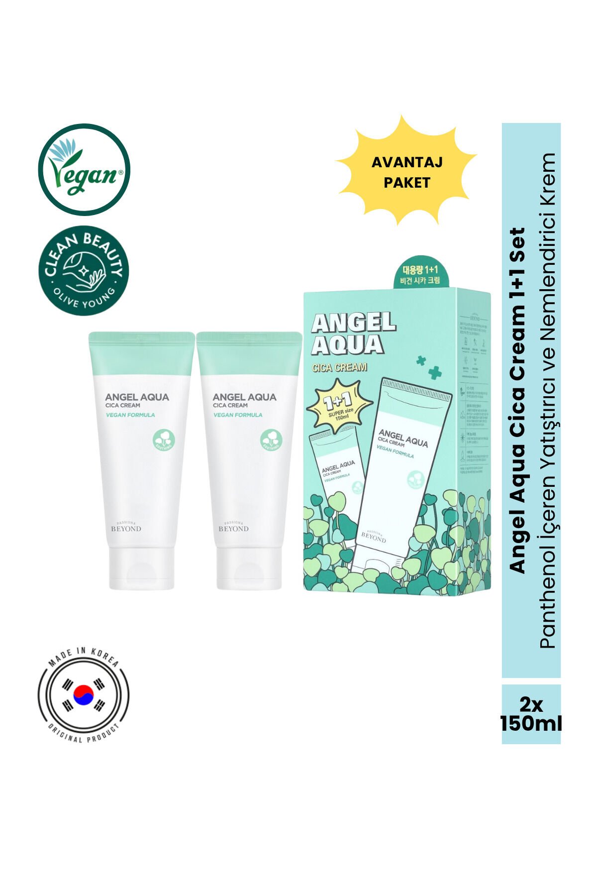 Angel Aqua Cica Cream Nemlendirici Yatıştırıcı Krem Seti Cica Centella Panthenol Vegan 2x150 ml