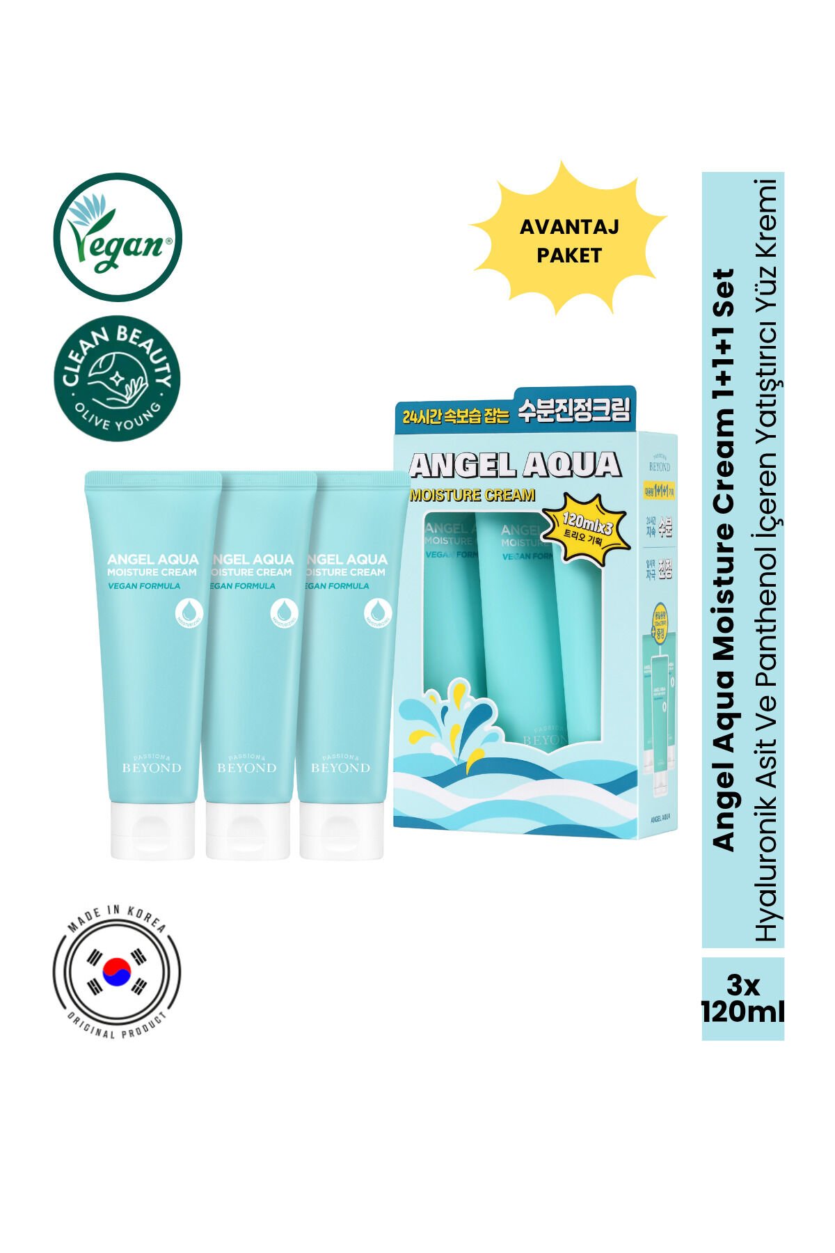 Angel Aqua Moisture Cream Nemlendirici Yüz Kremi Hyaluronik Asit Panthenol 3x120 ml