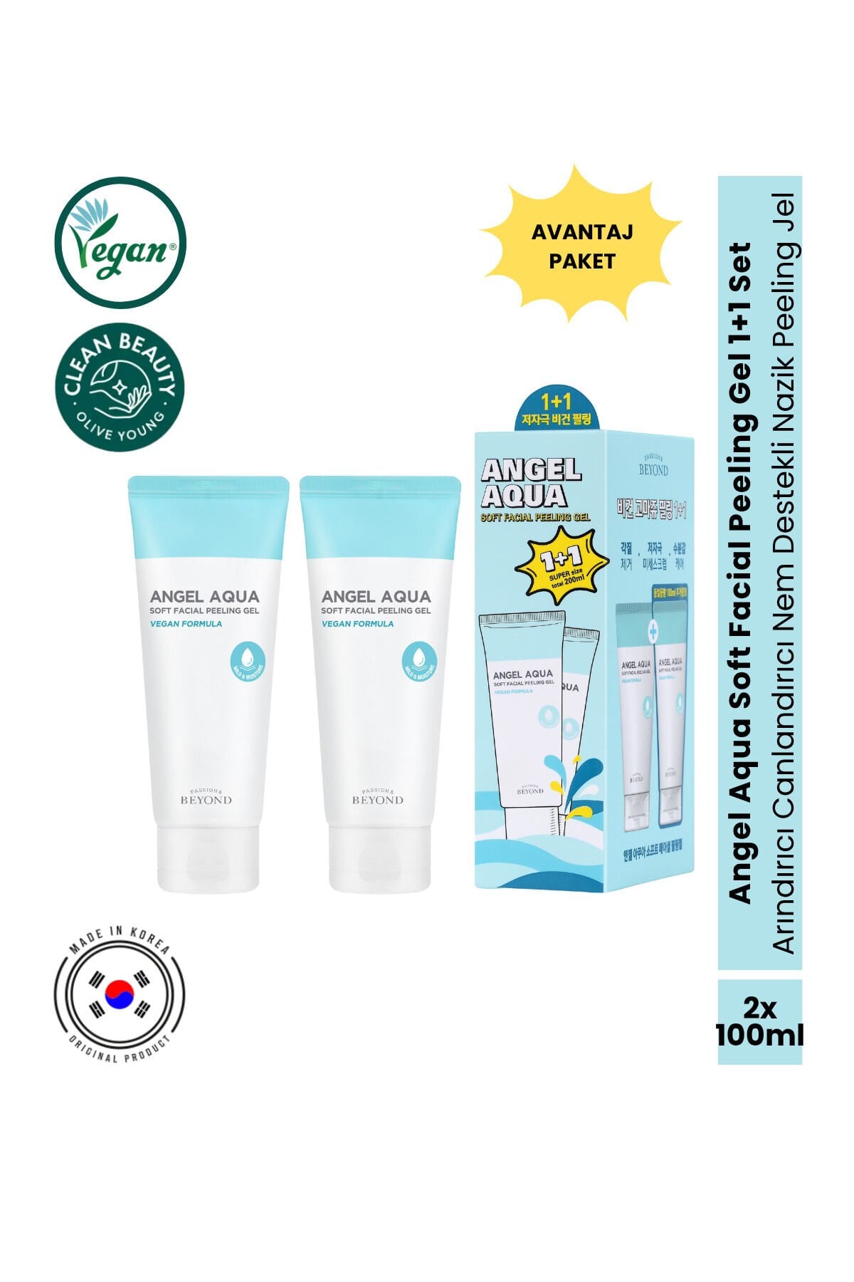 Angel Aqua Soft Facial Peeling Gel Nazik Peeling Gommage Hyaluronik Asit Madecassoside Set 2x100 ml