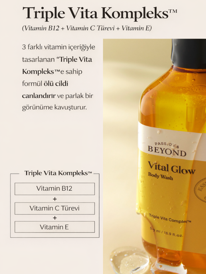 Vital Glow Body Wash Vitamin C E B12 Nemlendirici Duş Jeli Vücut Yıkama 500 ml