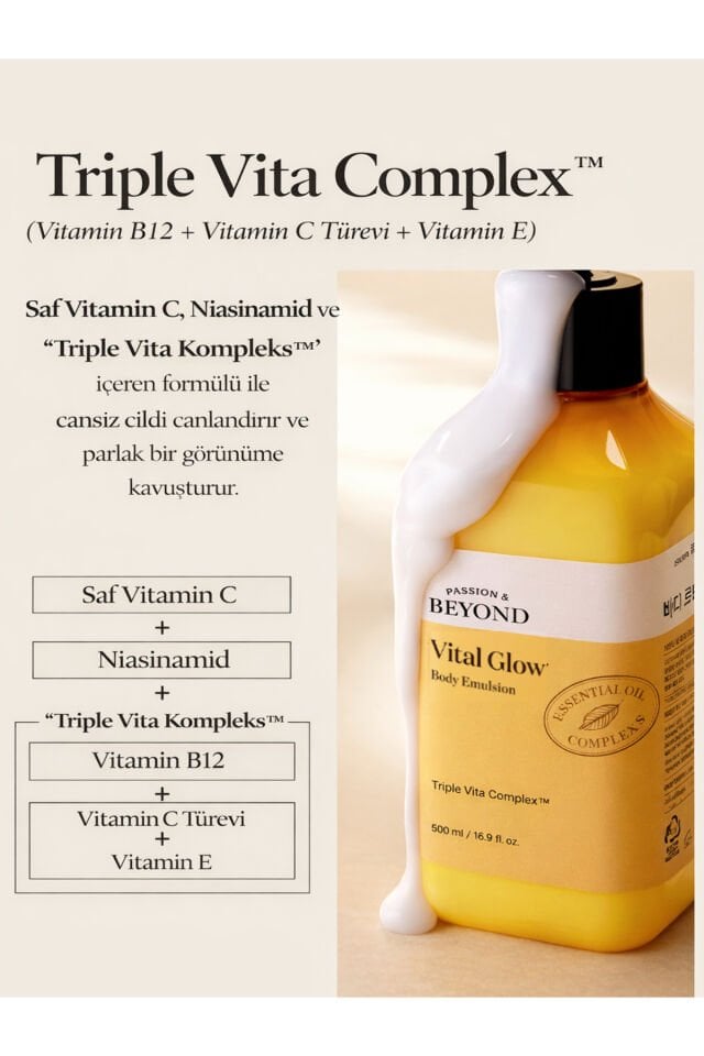 Vital Glow Body Emulsion Vitamin C B3 E Aydınlatıcı Nemlendirici Vücut Losyonu 500 ml