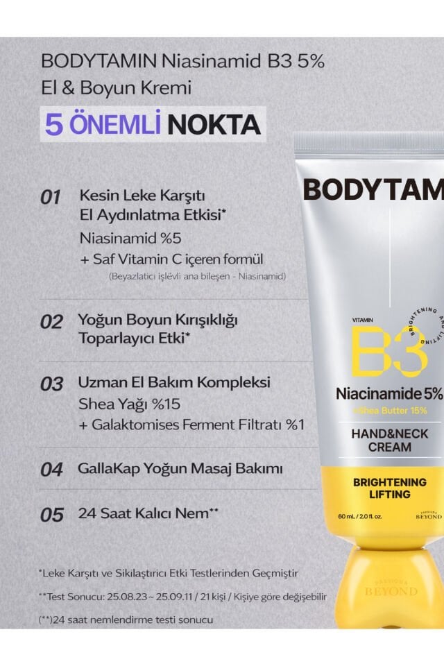 Bodytamin Niacinamide B3 %5 El ve Boyun Kremi Masaj Başlık Aydınlatıcı Sıkılaştırıcı 60 ml