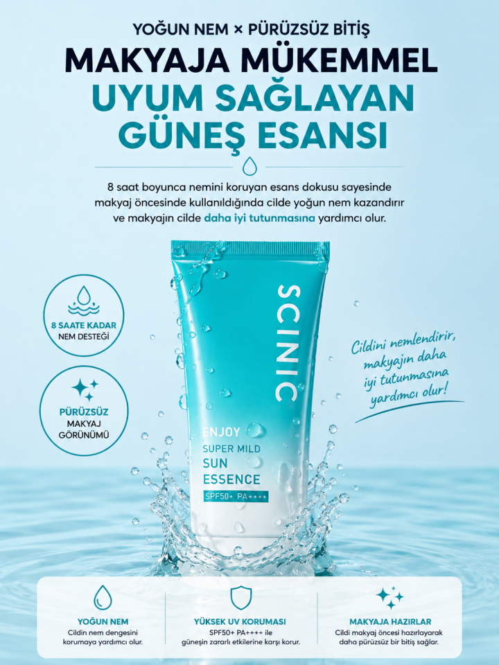 Scinic Enjoy Super Mild Sun Esans SPF50+ PA++++ Hassas Ciltlere Uygun Hafif Yapılı Nemlendirici Güneş Kremi 50ml