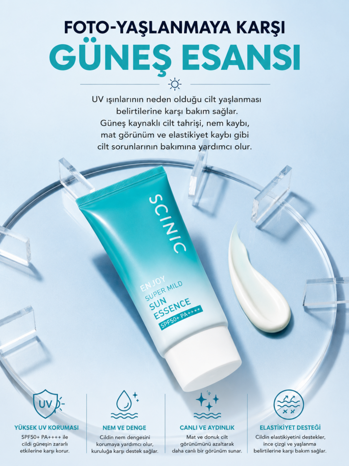 Scinic Enjoy Super Mild Sun Esans SPF50+ PA++++ Hassas Ciltlere Uygun Hafif Yapılı Nemlendirici Güneş Kremi 50ml