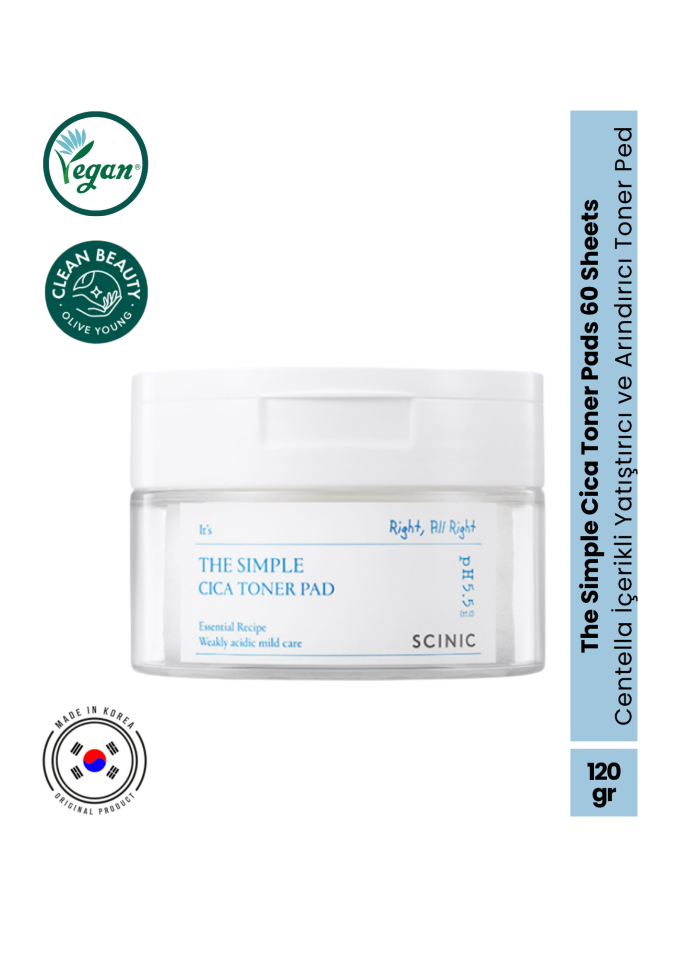 Scinic The Simple Cica Toner Pad Cica Özlü Yatıştırıcı ve Arındırıcı Tonik Ped 60 Adet 120g
