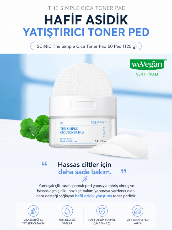 Scinic The Simple Cica Toner Pad Cica Özlü Yatıştırıcı ve Arındırıcı Tonik Ped 60 Adet 120g