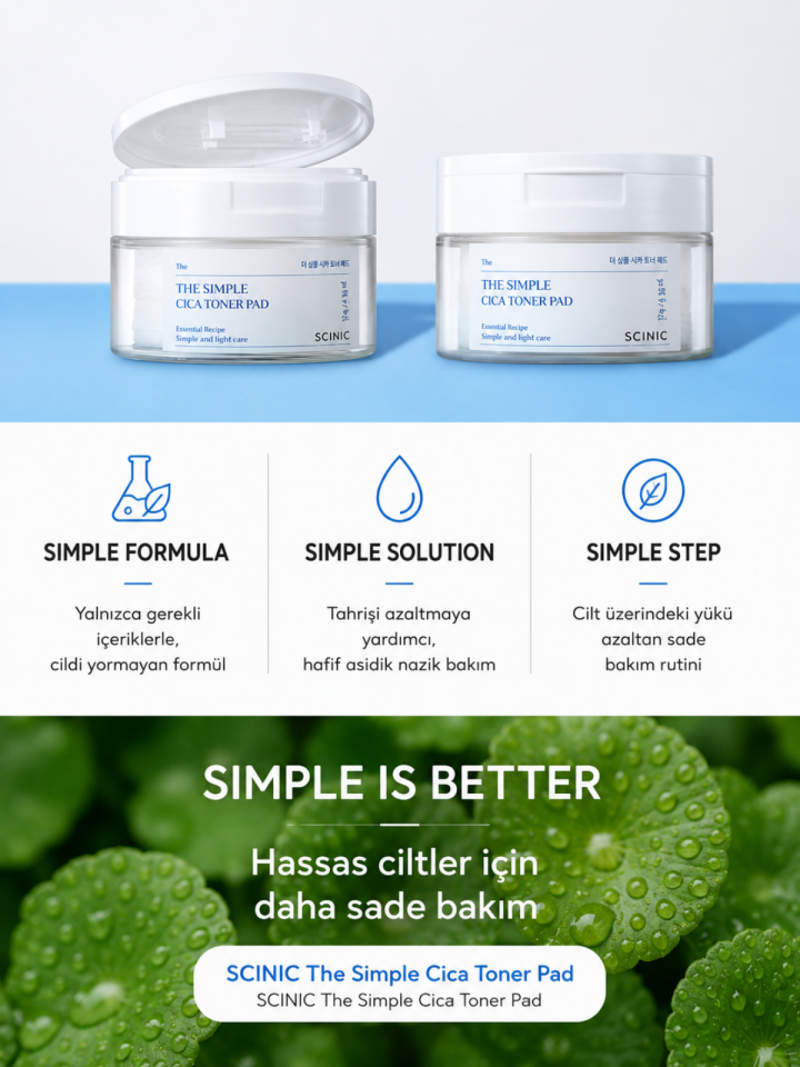 Scinic The Simple Cica Toner Pad Cica Özlü Yatıştırıcı ve Arındırıcı Tonik Ped 60 Adet 120g